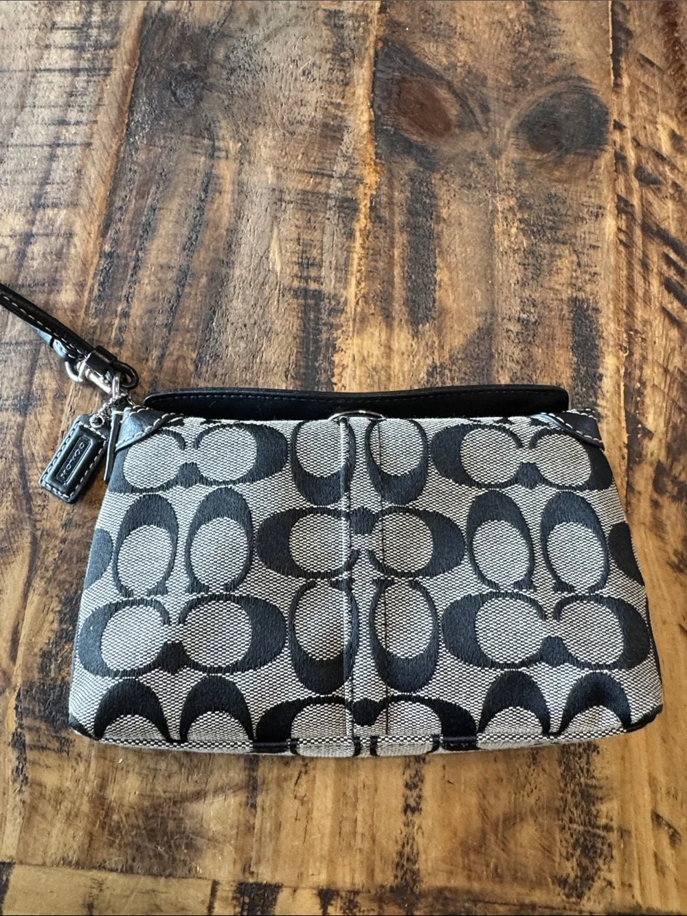 Coach Black and Gray Signature Canvas Wristlet